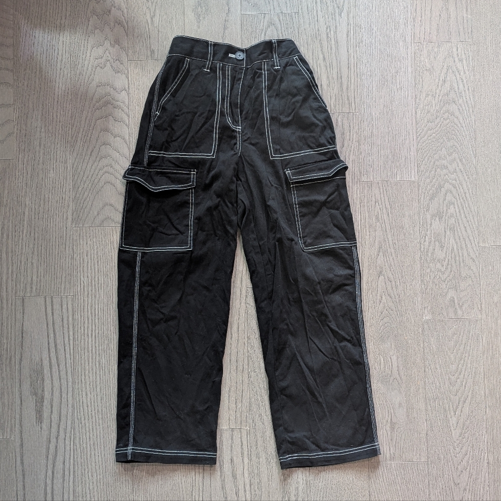 Oak + Fort Black Cargo Pants with White Stitching